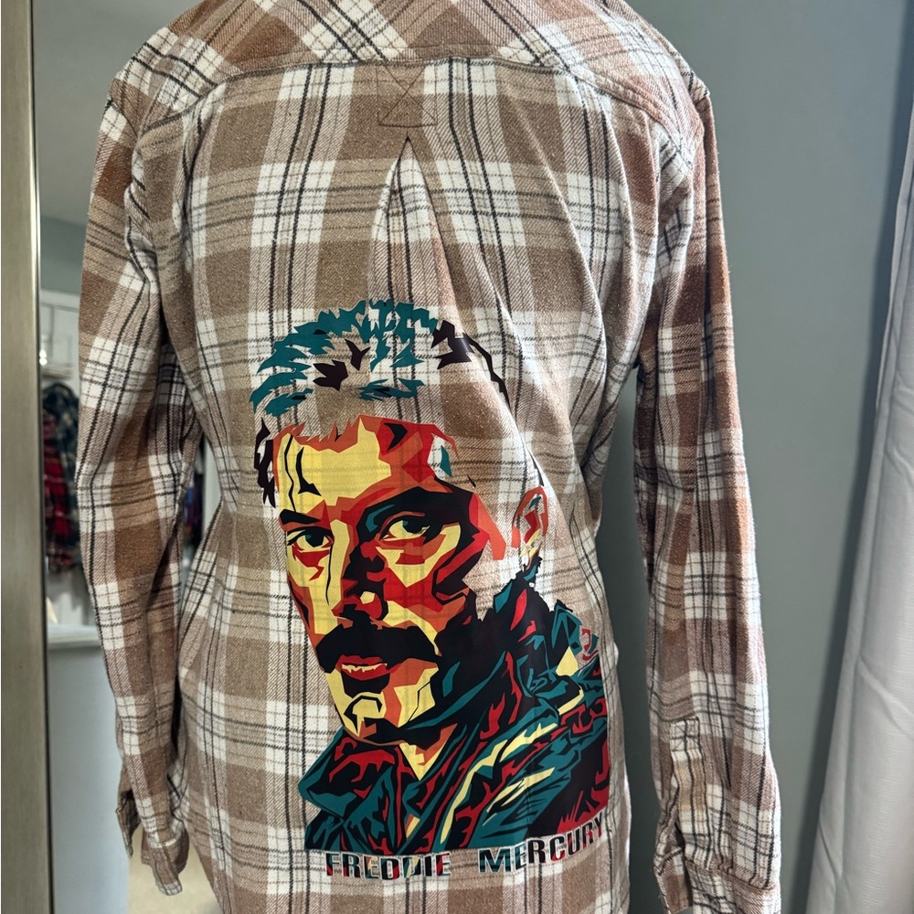 Freddy Mercury Brown Plaid Flannel bleached Shirt with Colorful Graphic Xl - Picture 2 of 5